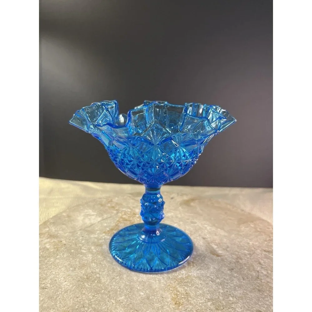 Fenton Colonial Blue Glass Ruffled Thumbprint Pedestal Fluted Compote Candy Dish